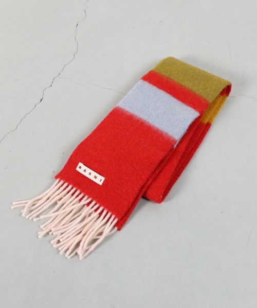 レッド アルパカ製ストライプスカーフ